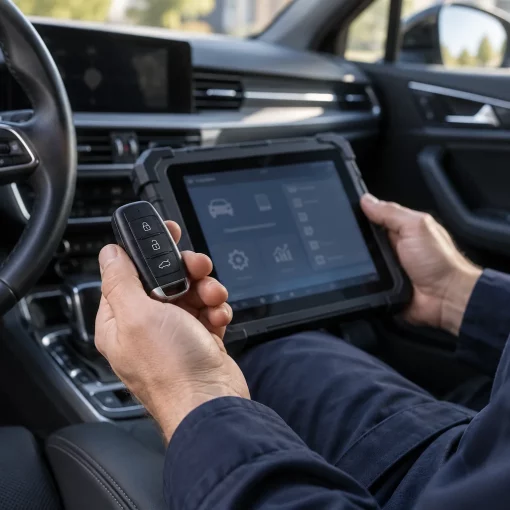 Illustration de programmation d’une clé de voiture avec un appareil de diagnostic